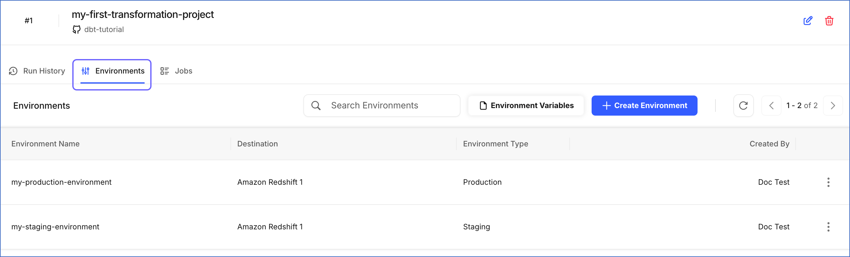 Environments Tab