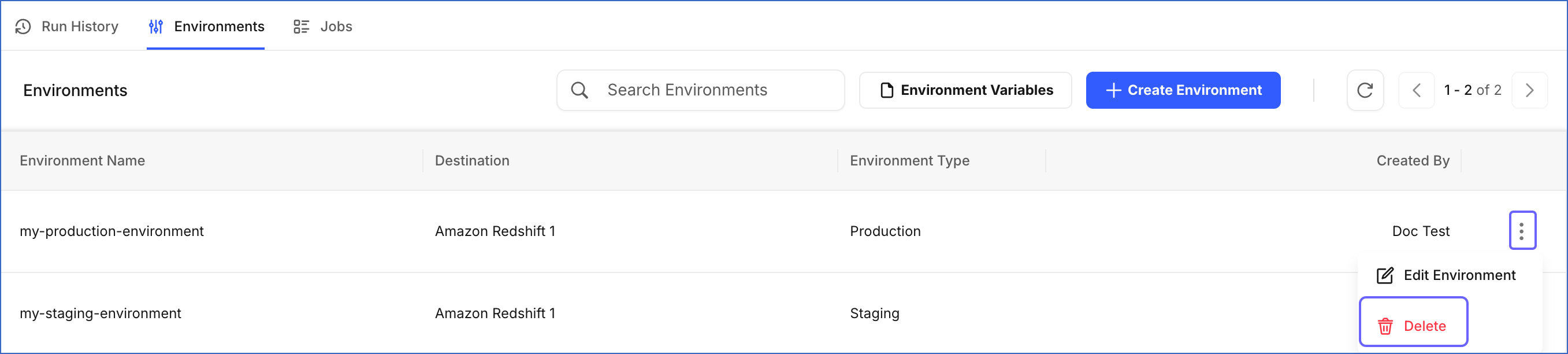 Delete Environment Action