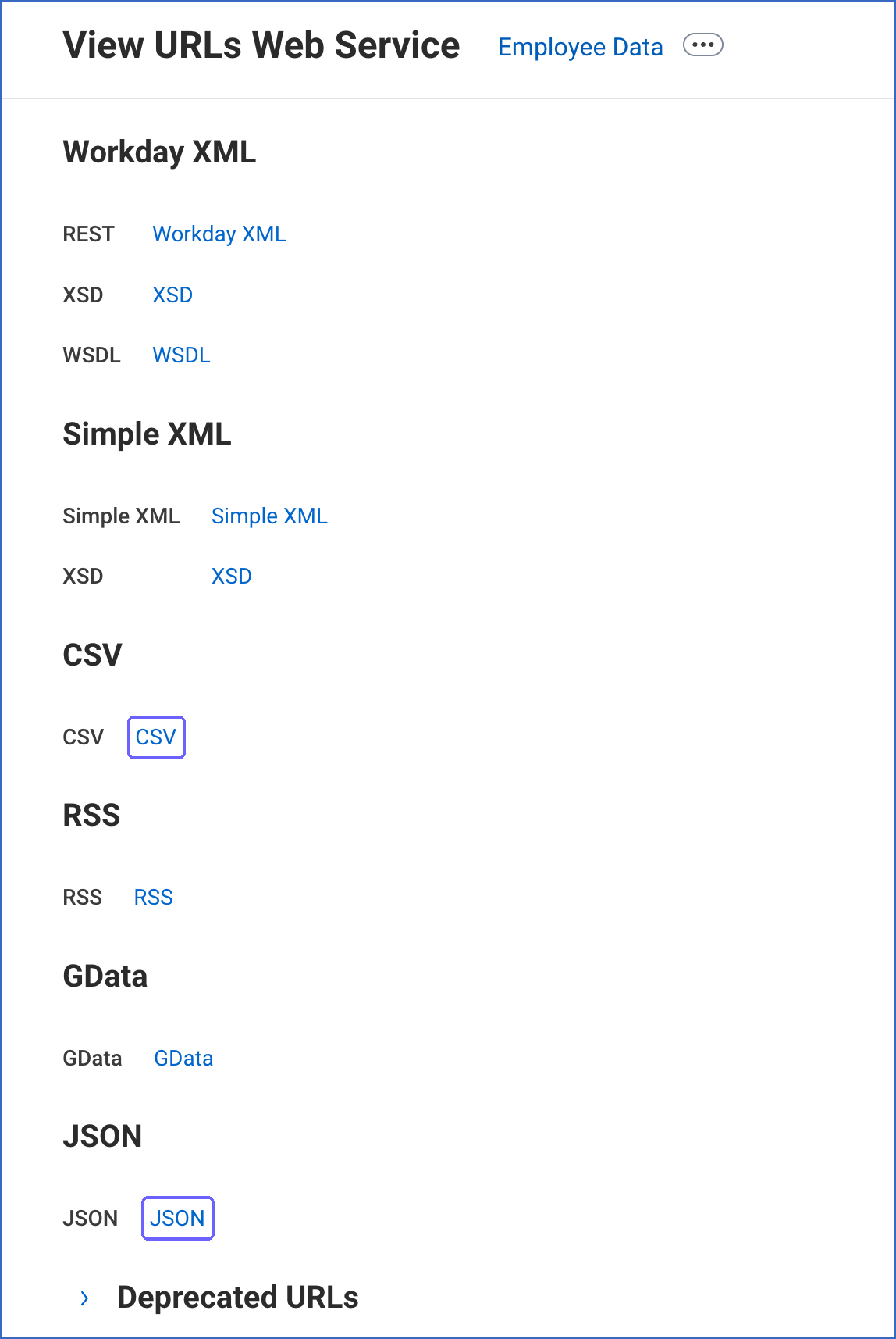 JSON and CSV links