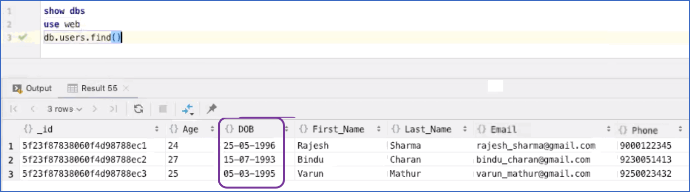 The 'users' collection in the 'web' database with the extra DOB field