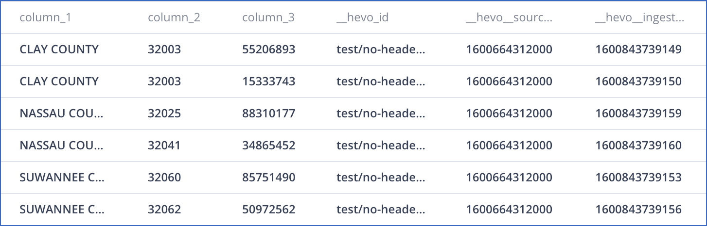 Destination record with auto-generated column headers