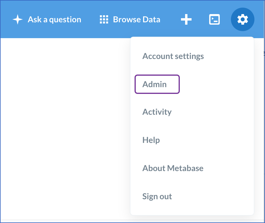 Metabase Admin menu