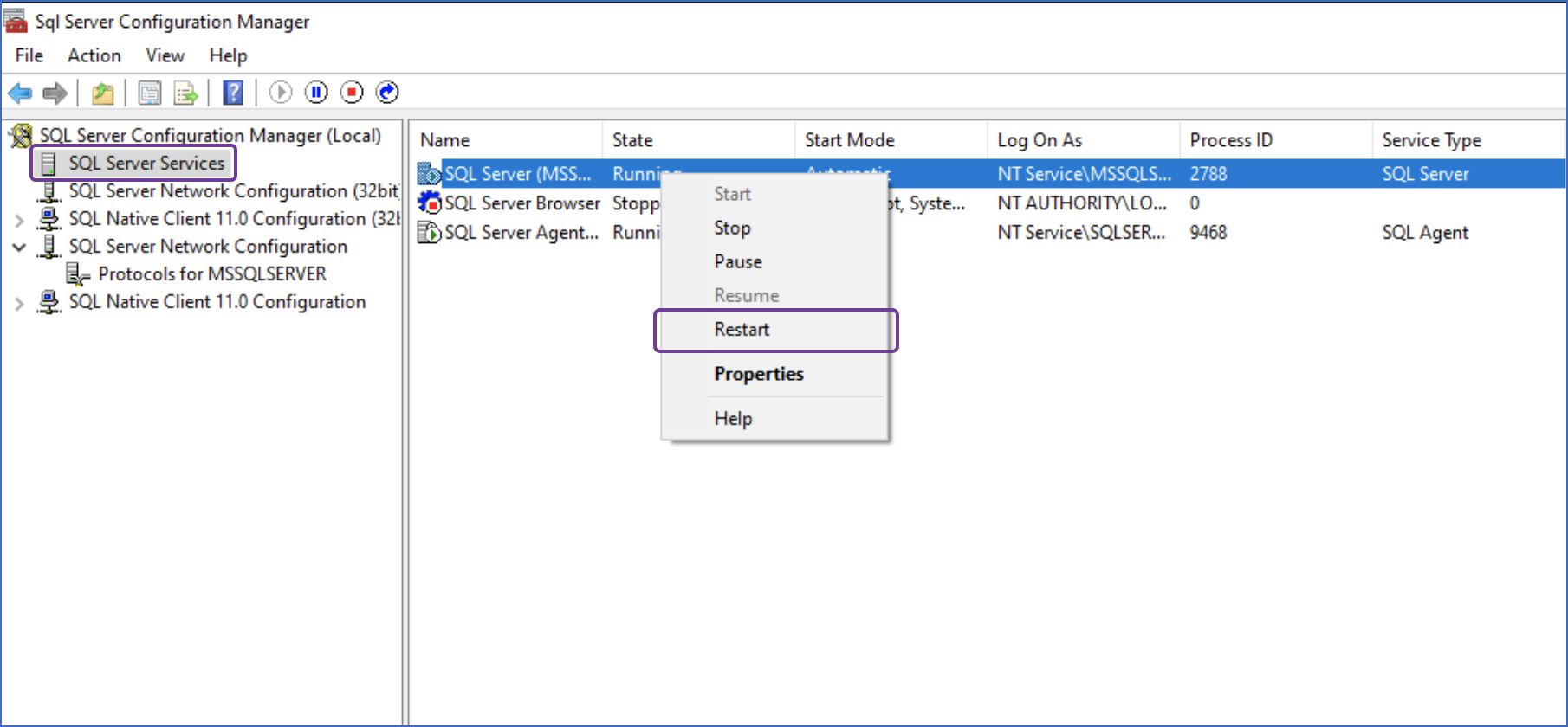 Restart MS SQL Server Instance