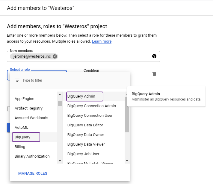 Assign BigQuery Admin role