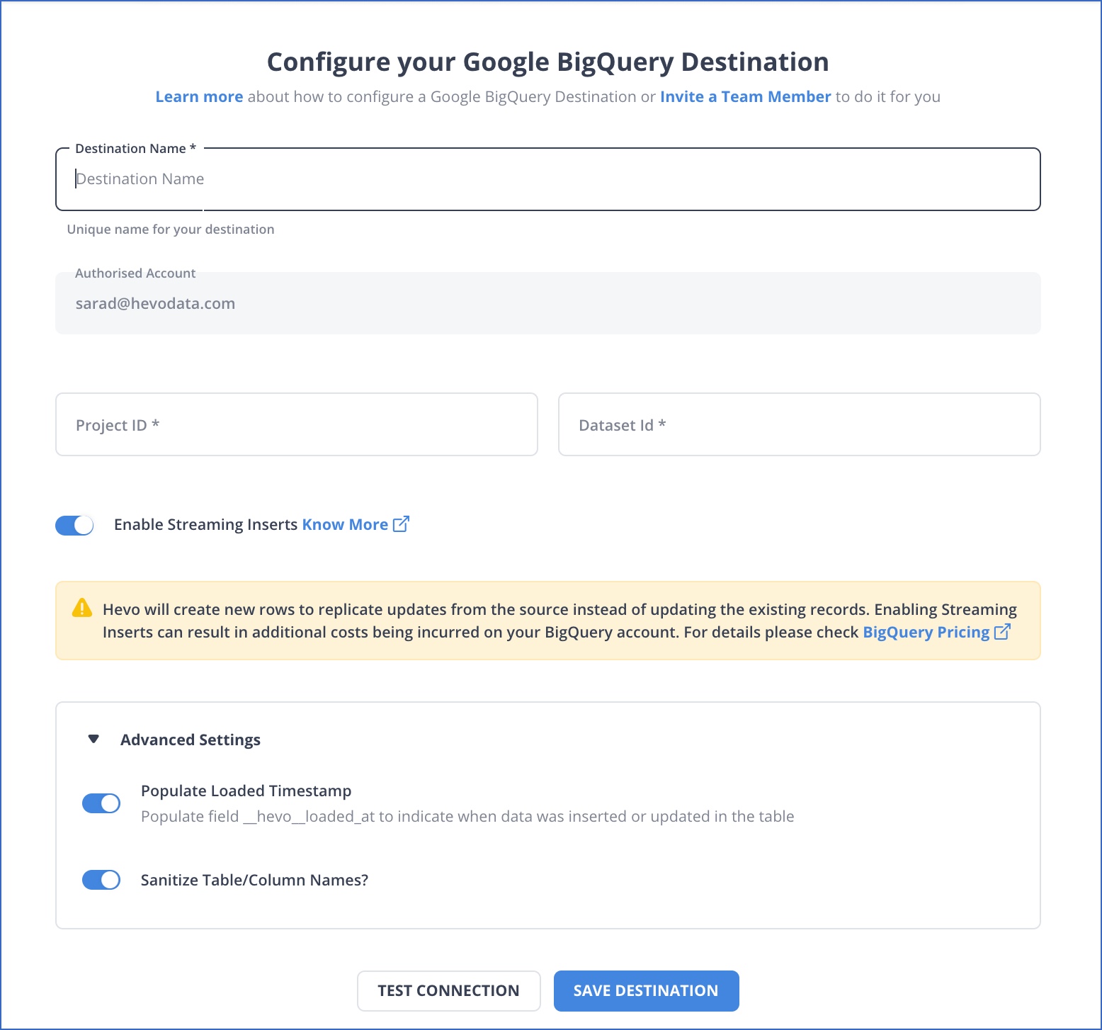 MongoDB to BigQuery: BigQuery Settings