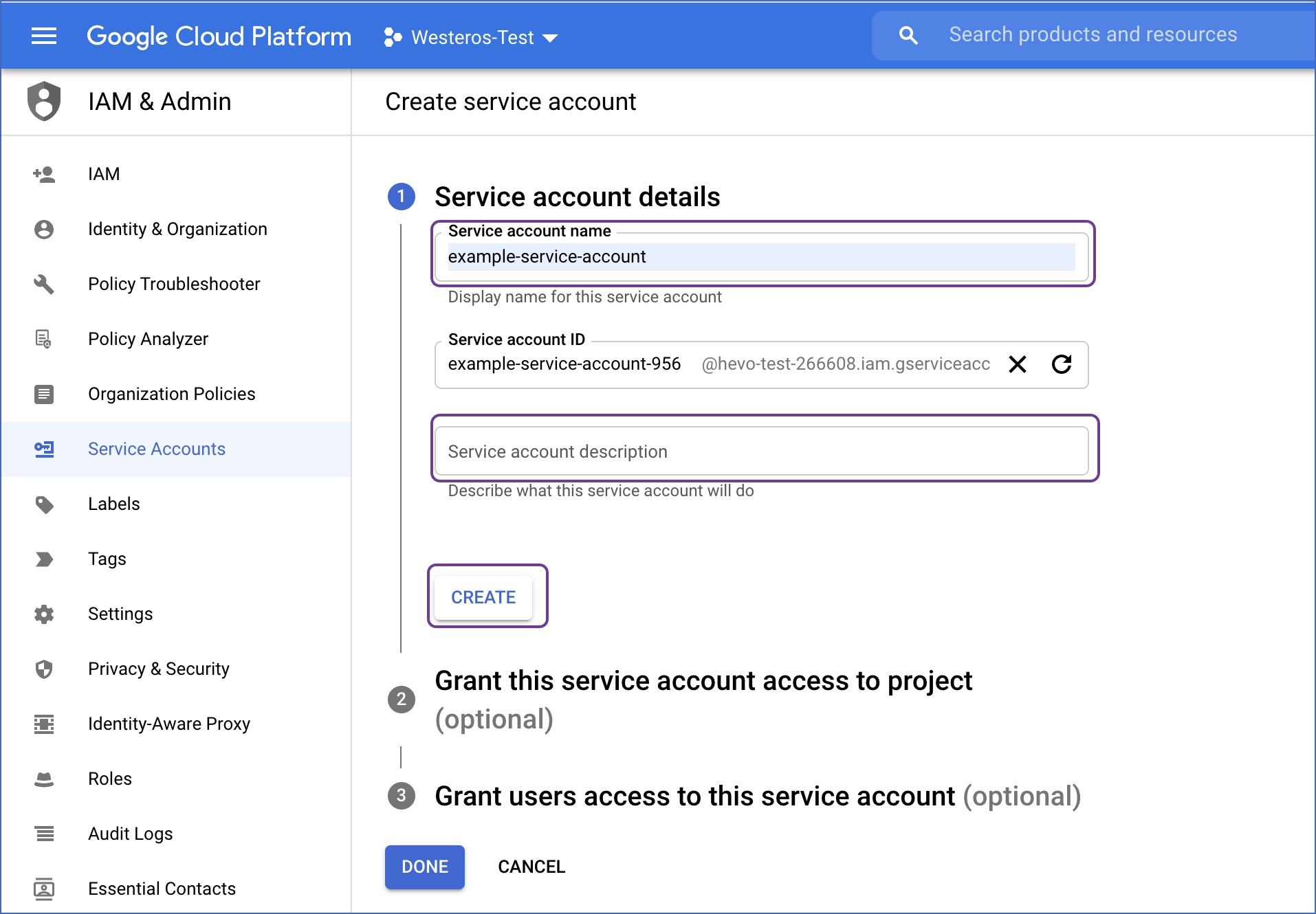 Service account properties