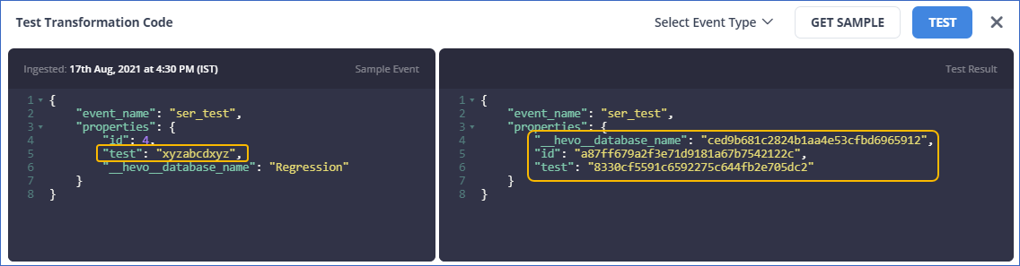 Transformed Events where field name: test and value contains abcd as substring