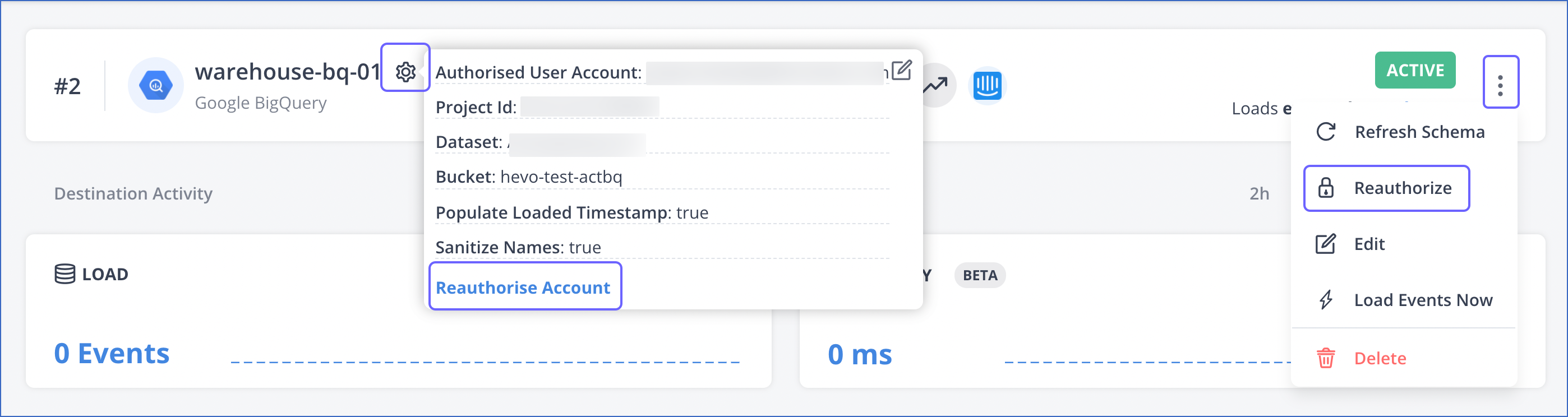 Destinations Detailed View - Account Reauth