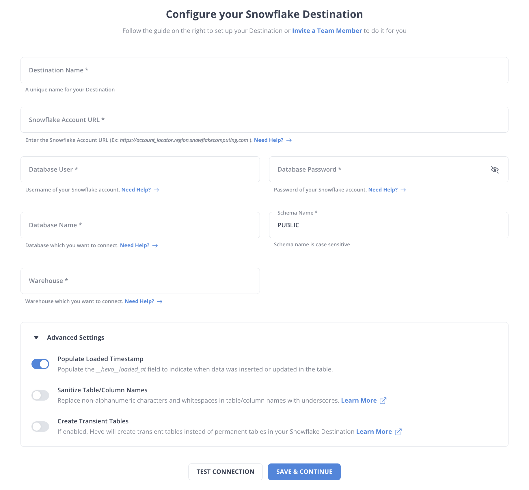 Taboola to Snowflake: Configure Snowflake Destination