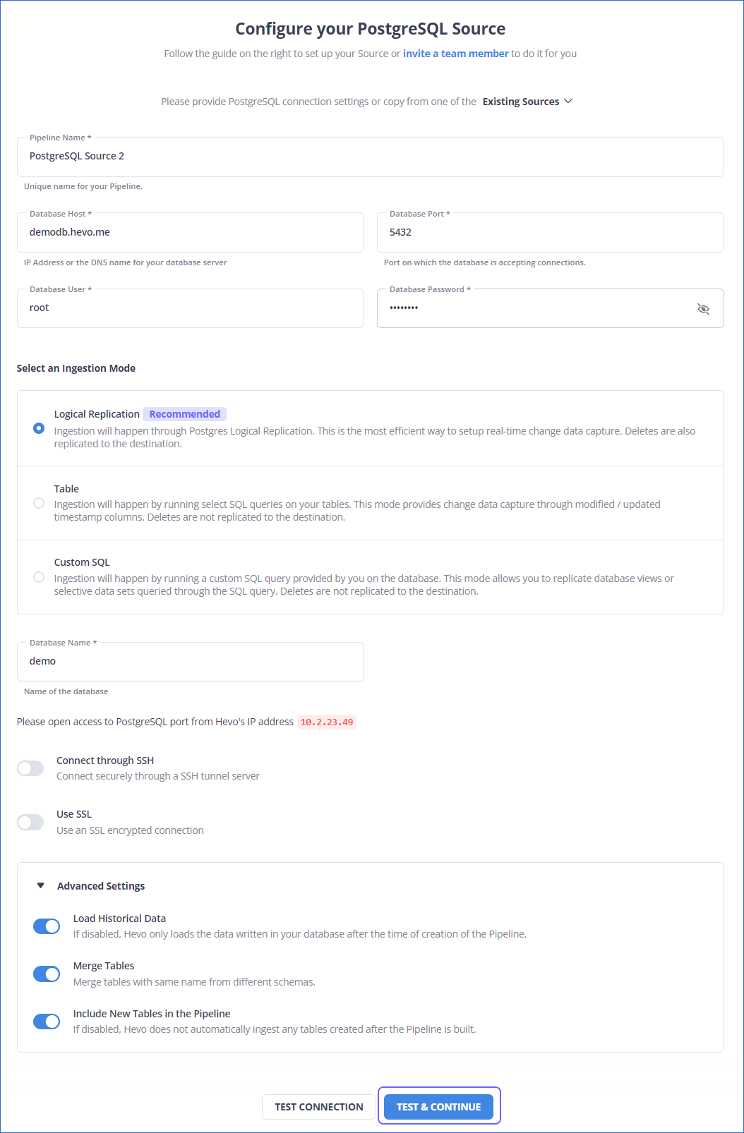 PostgreSQL to MySQL: Configure PostgreSQL Source 