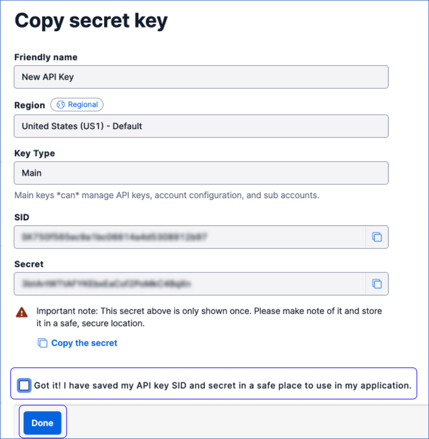 Copy API key and API SID