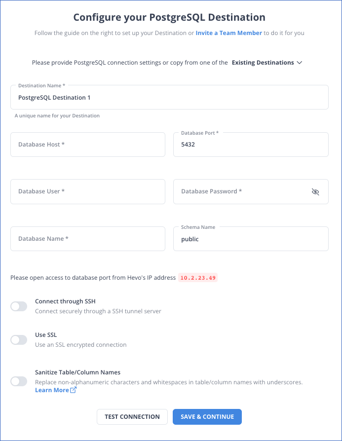 stripe to postgresql: configure postgresql as a destination