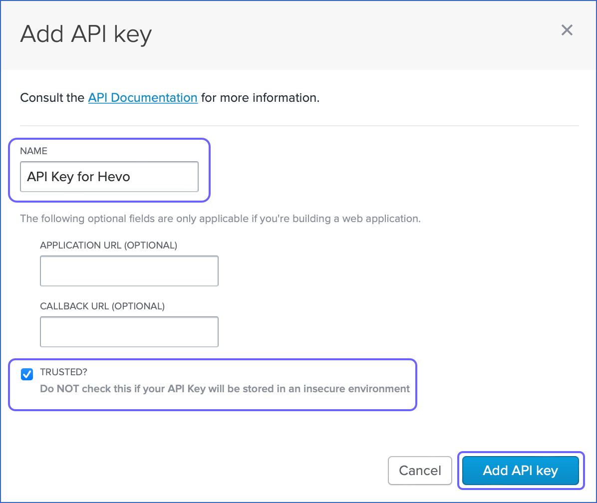 API key pop-up window