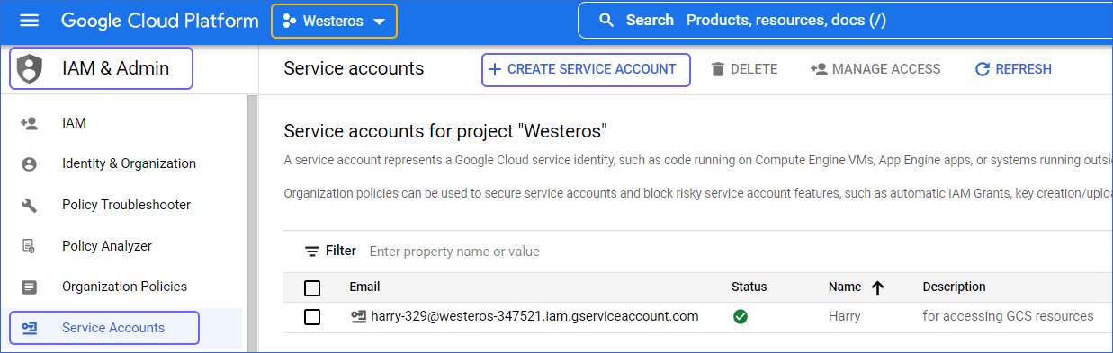 Create a service account