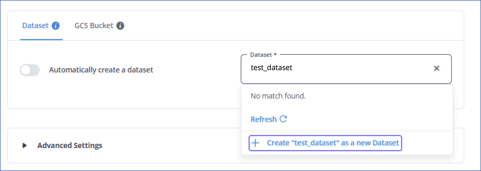 Auto Create Dataset Disabled