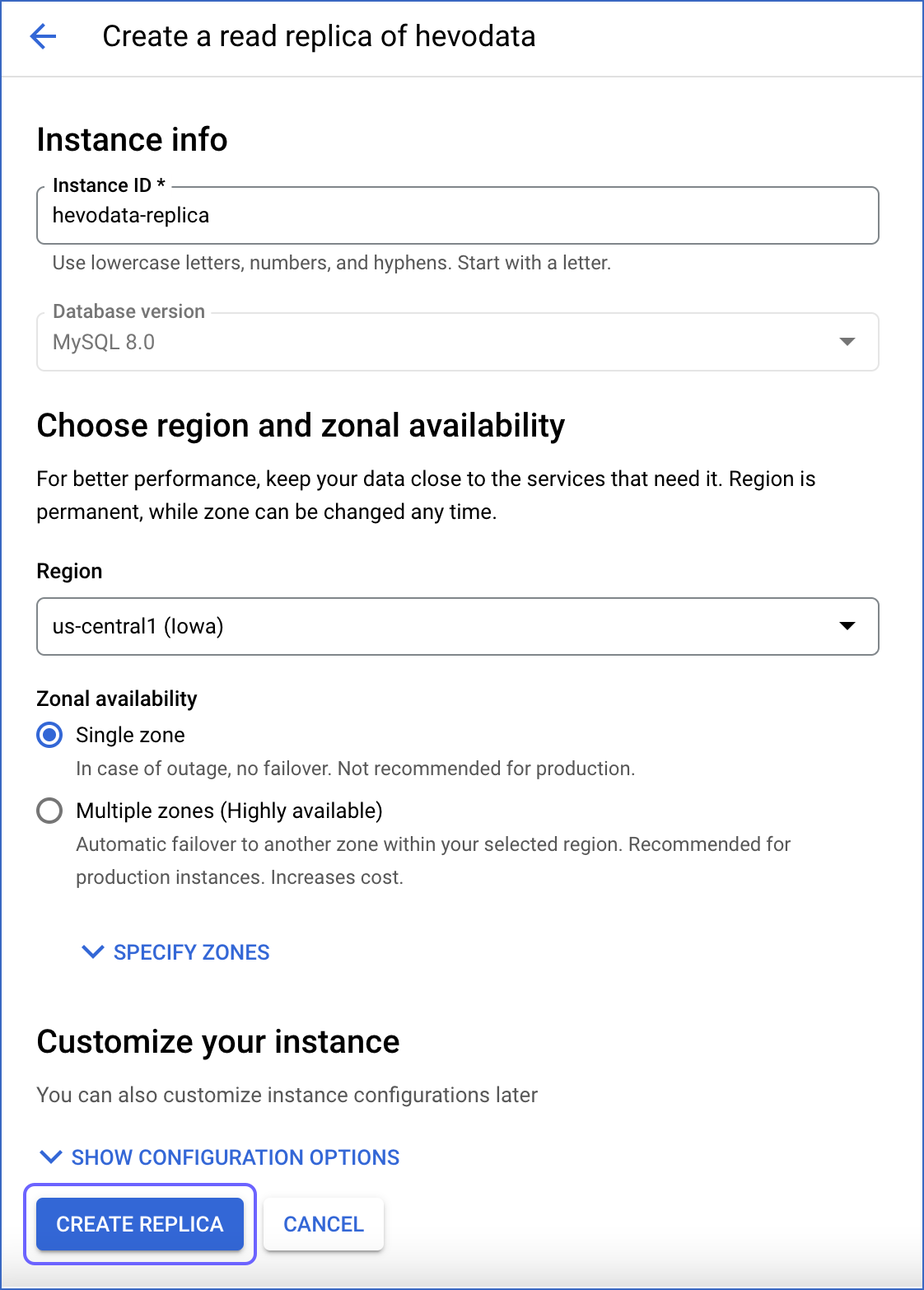 Specify instance information