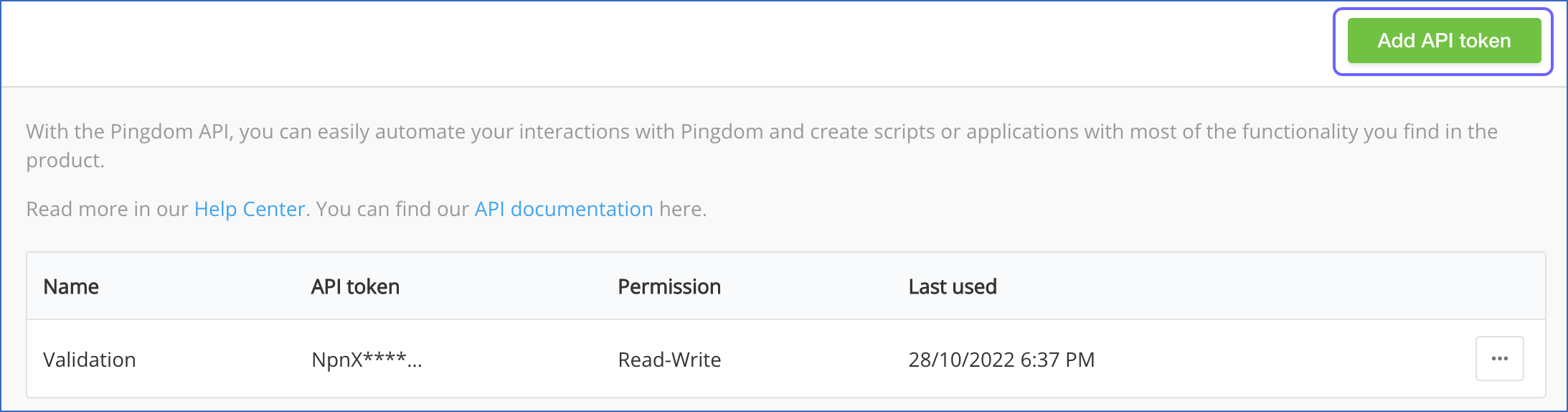 Add API token for Pingdom