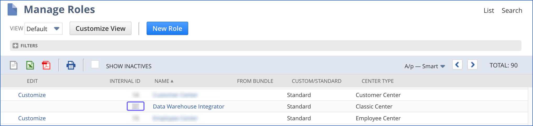 Internal ID of Data Warehouse Integrator role