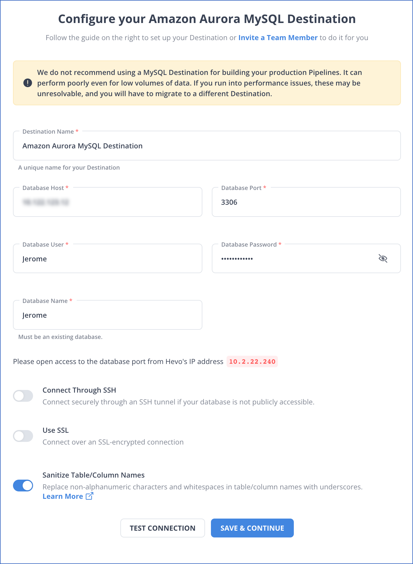 Amazon Aurora MySQL Destination settings