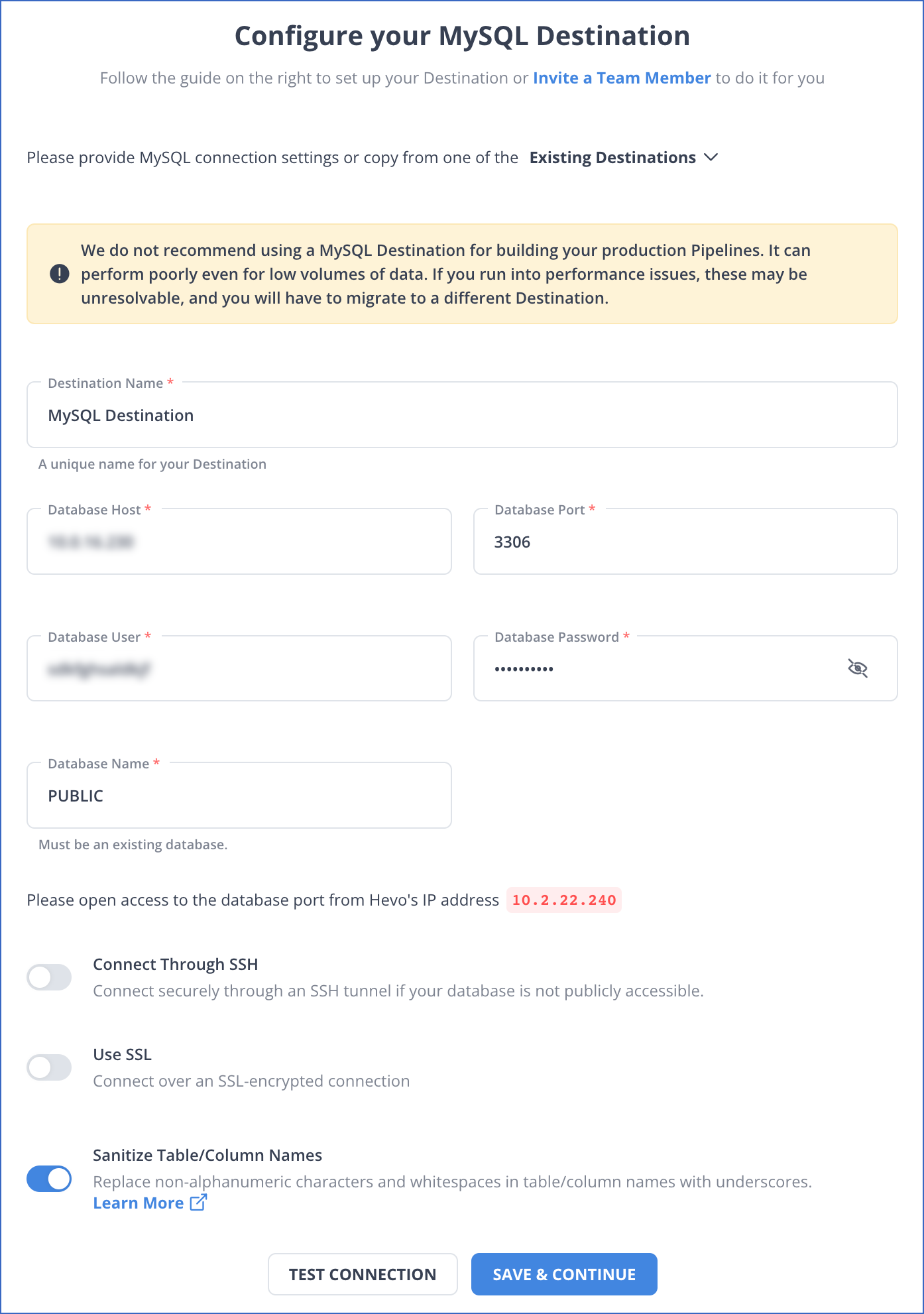 PostgreSQL to MySQL: Configure MySQL Destination 