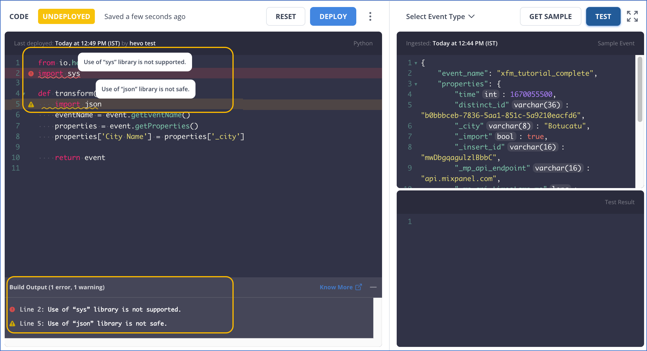 Output with Errors and Warnings