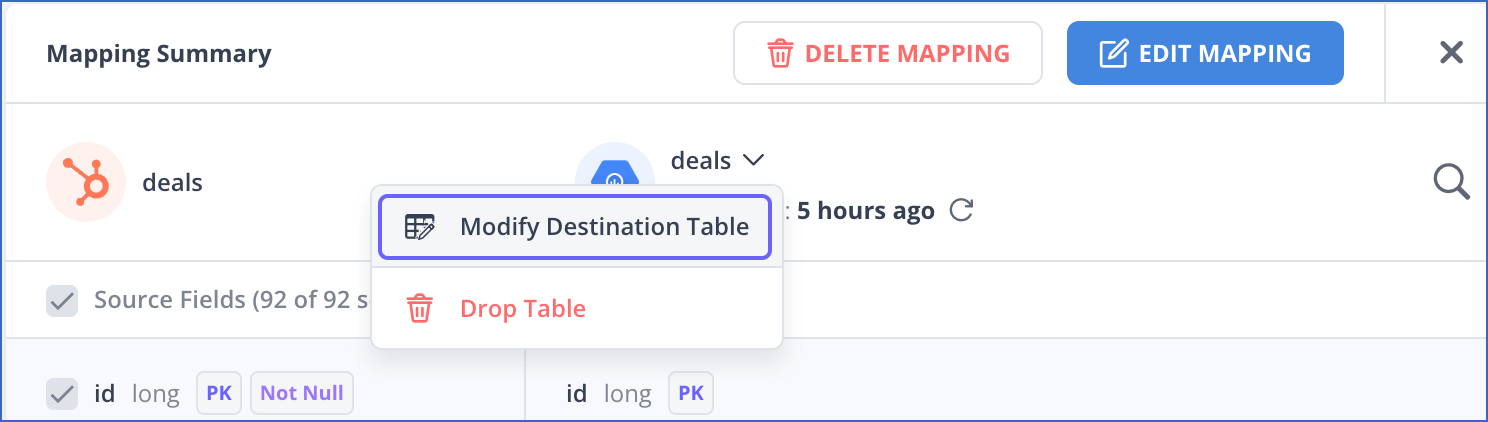 Modify Destination Table for Mapped Event Type