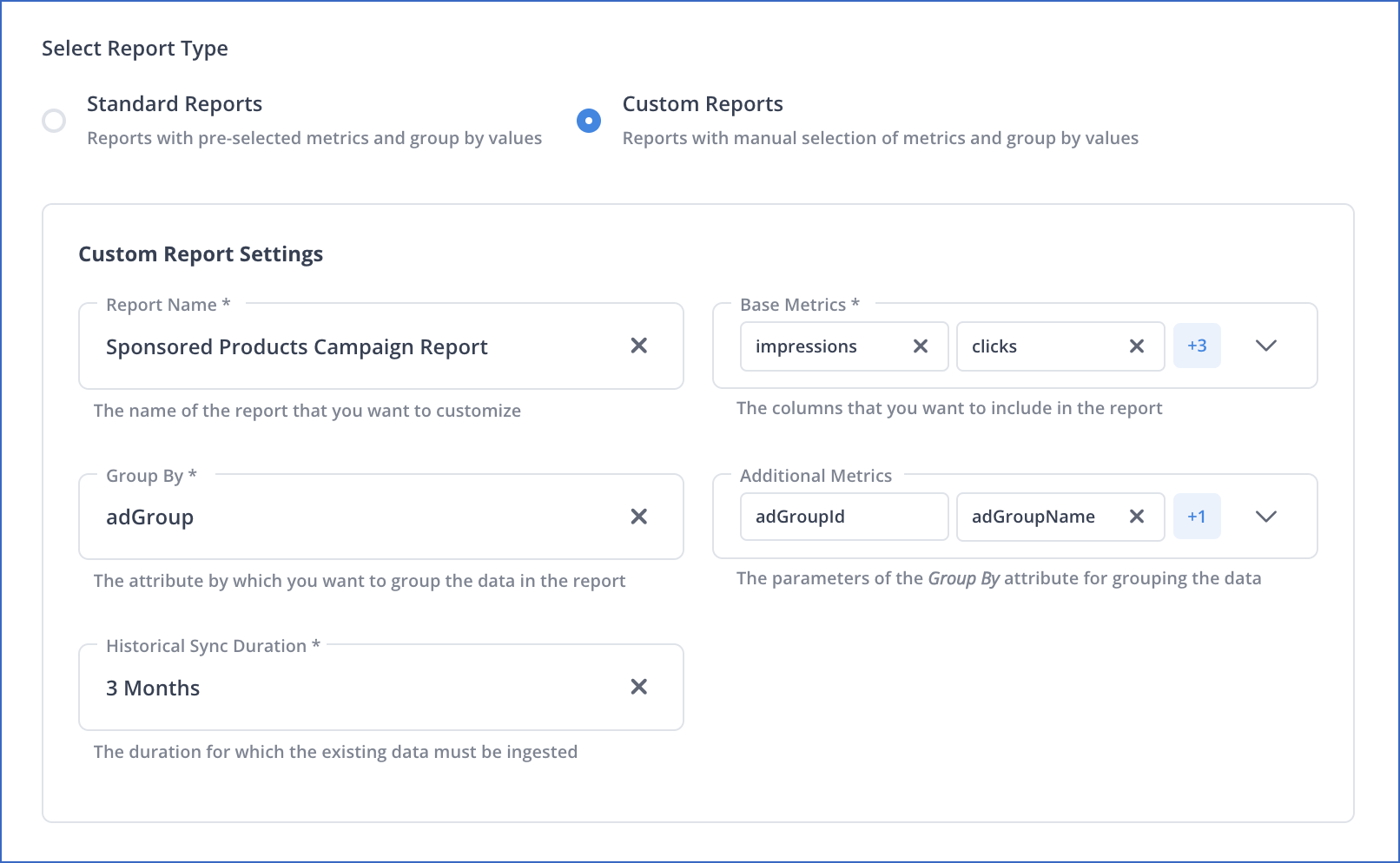 Custom Reports config