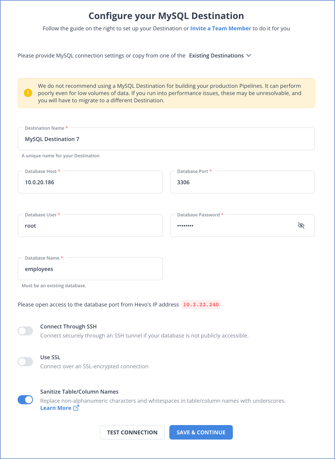 MySQL Destination settings