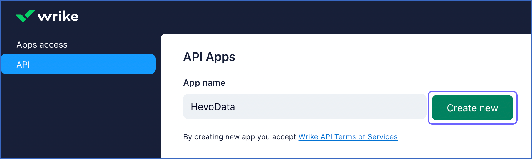 Create new app for Hevo