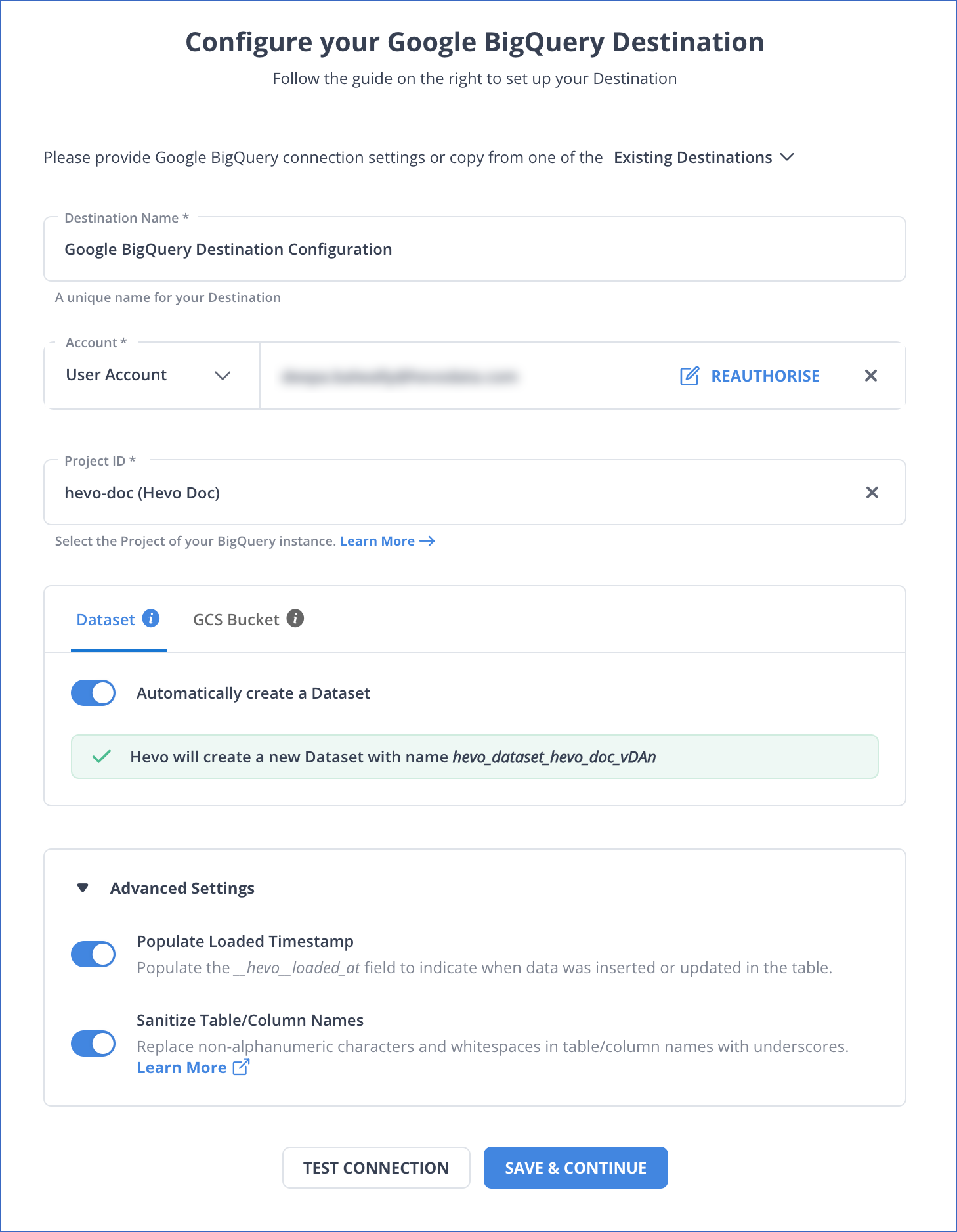 Configure your Google BigQuery Destination