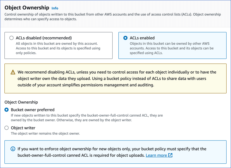 Object Ownership ACLs Enabled