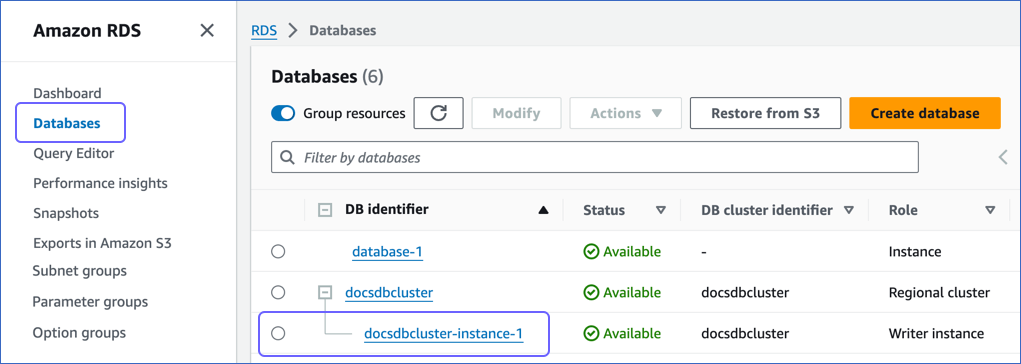 Select Database Instance