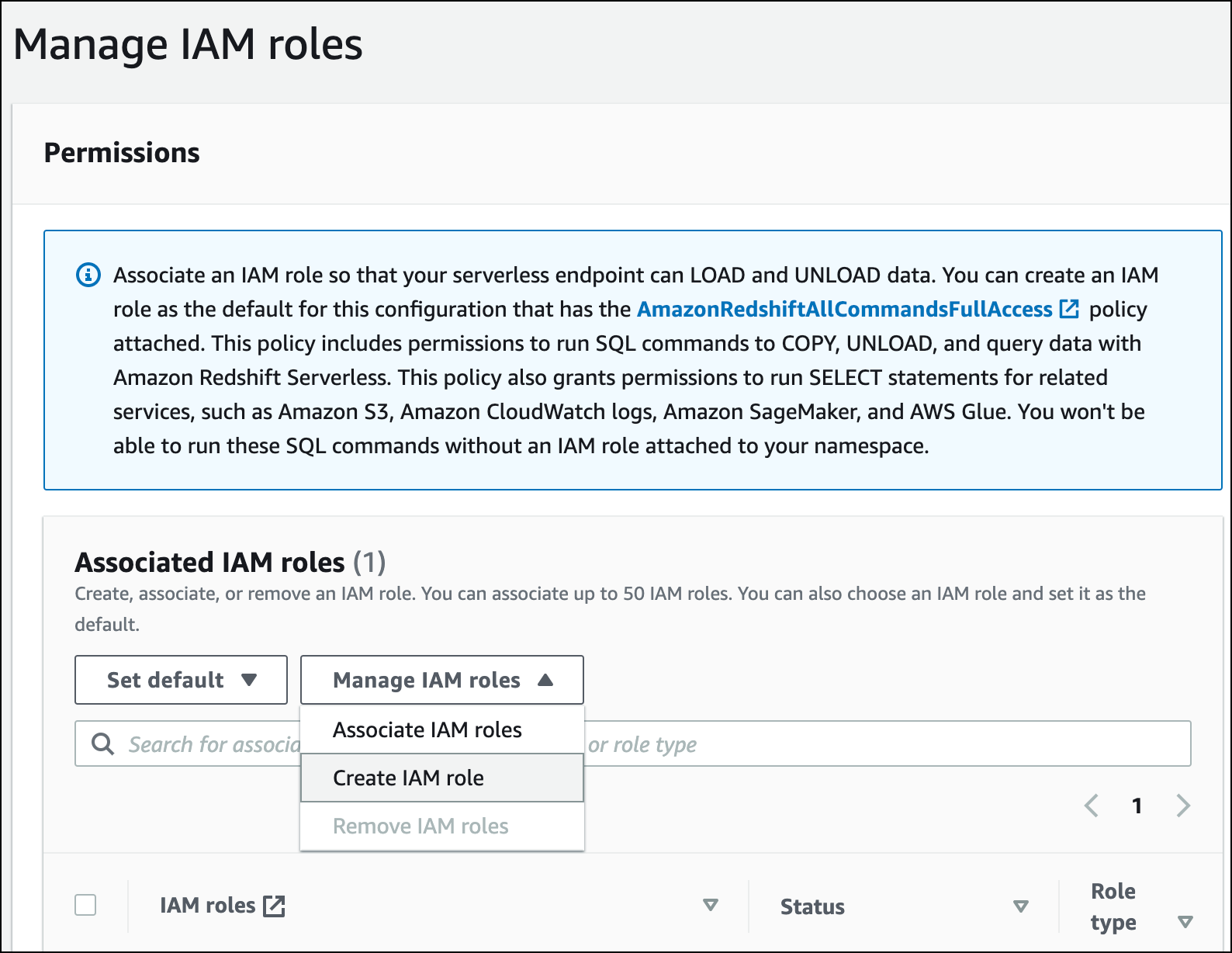 Amazon Redshift Serverless: Manage IAM Roles