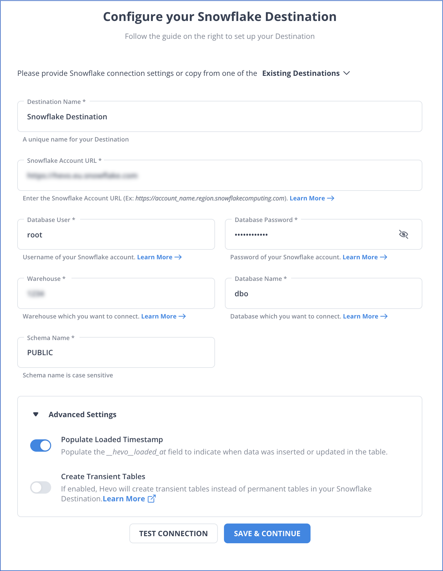 AWS RDS MSSQL SERVER to Snowflake: Configuring your Snowflake Destination
