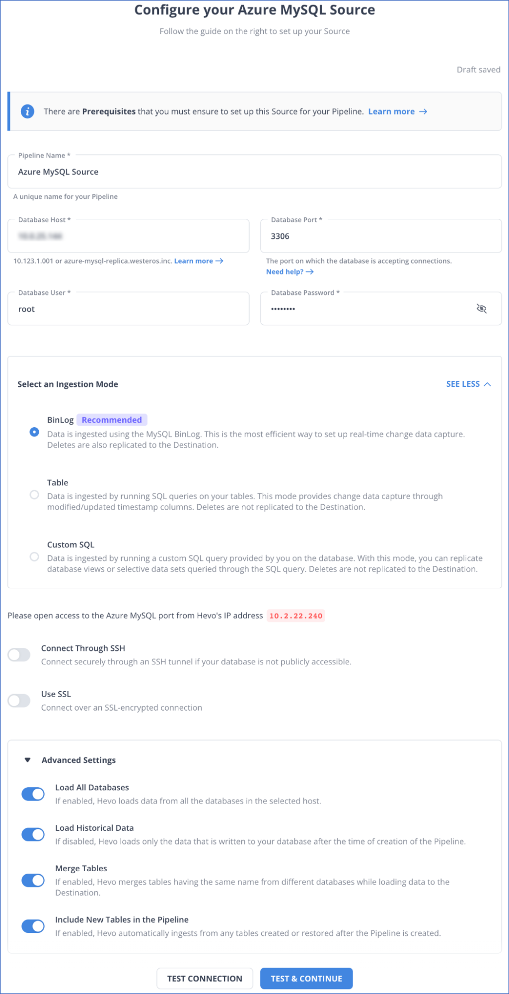 Azure MySQL to Snowflake: Configure your Source Settings