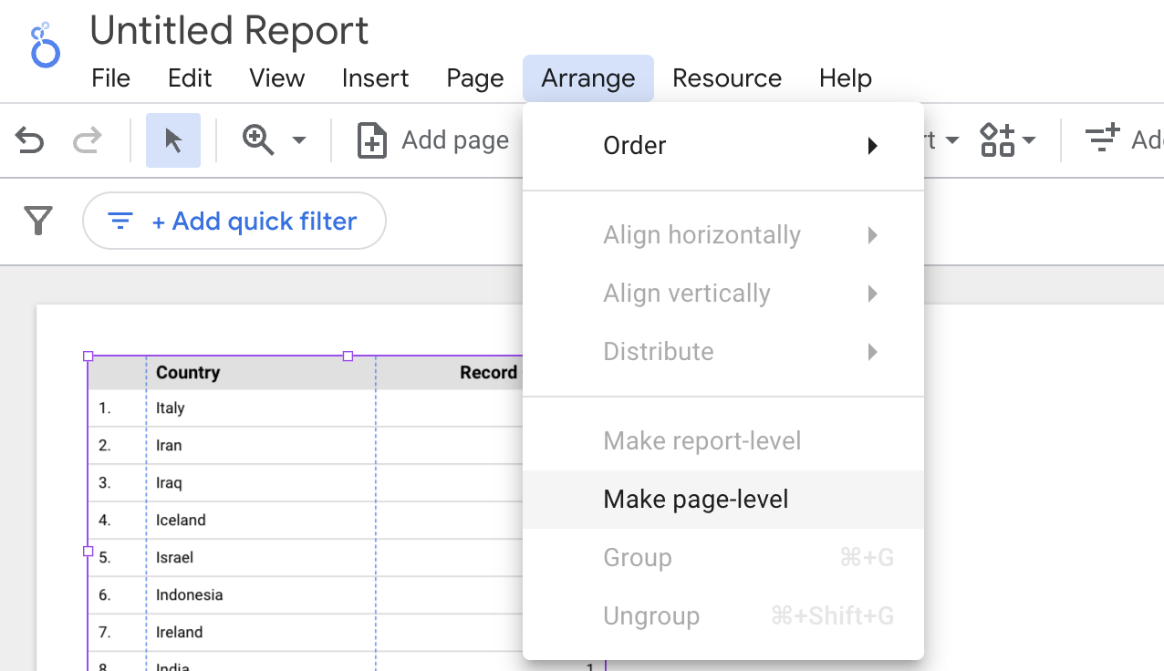 Google Data Studio Filter: Back to page level