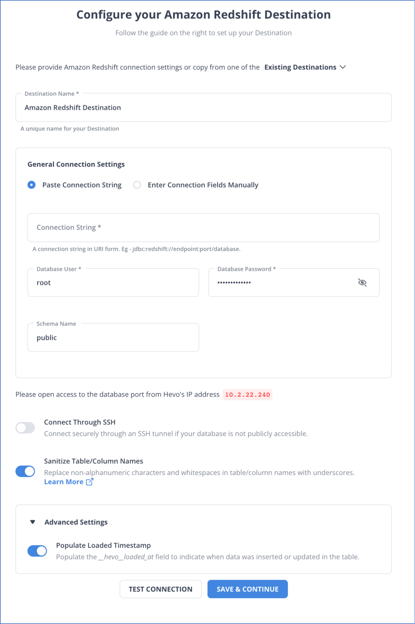 Redshift to Redshift: Configure your Amazon Redshift Destination page