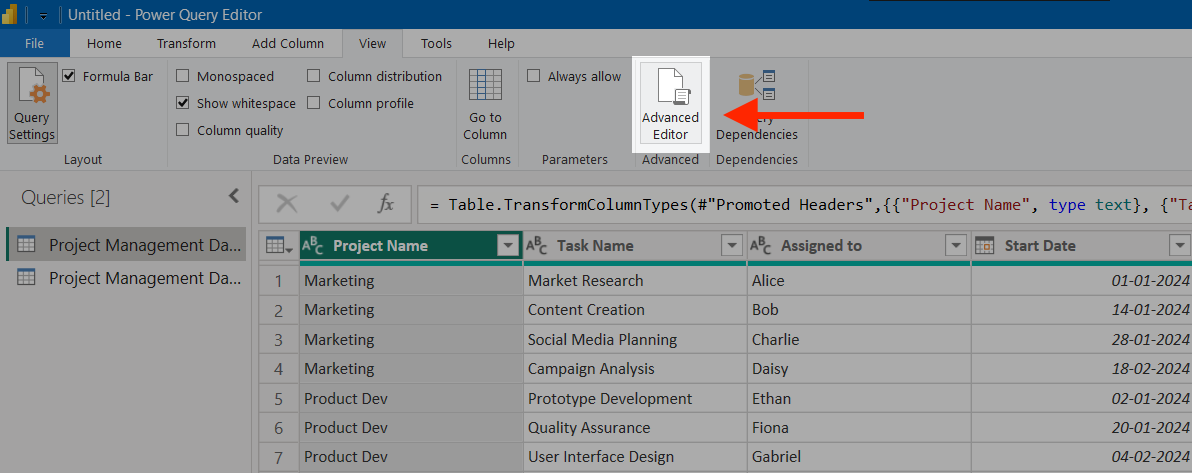 Airtable Power BI: Opening the Advanced Query editor