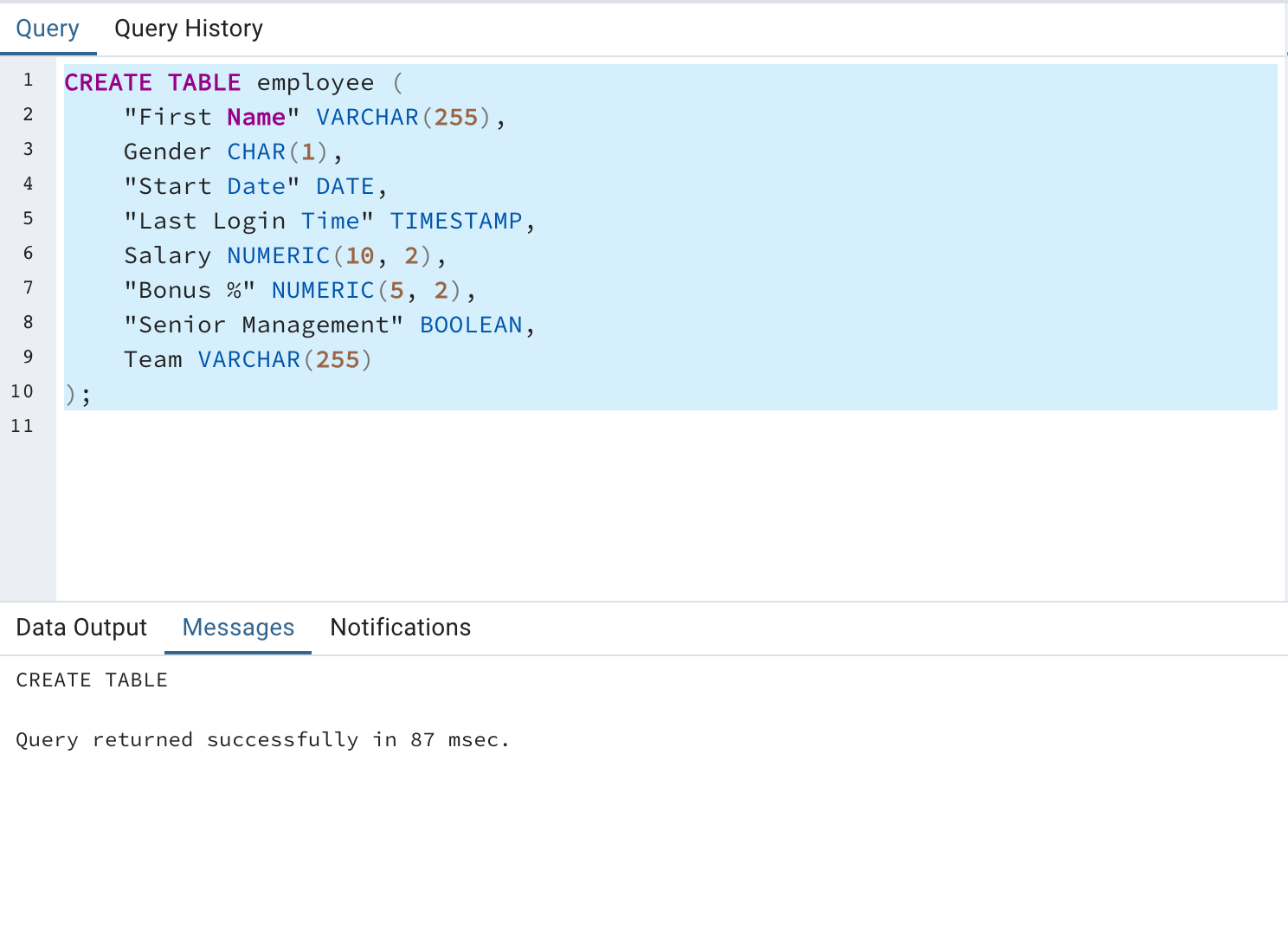 Excel to PostgreSQL: Create a blank table in postgresql with the same schema as the source table