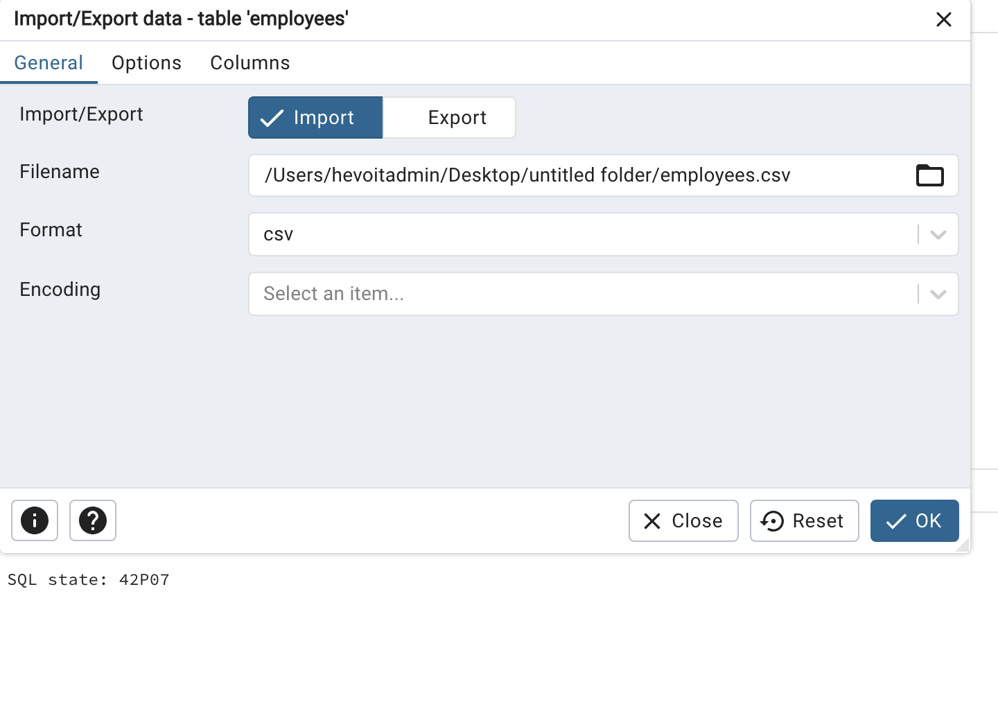 Excel to PostgreSQL: Enter the filename of the csv file to be imported