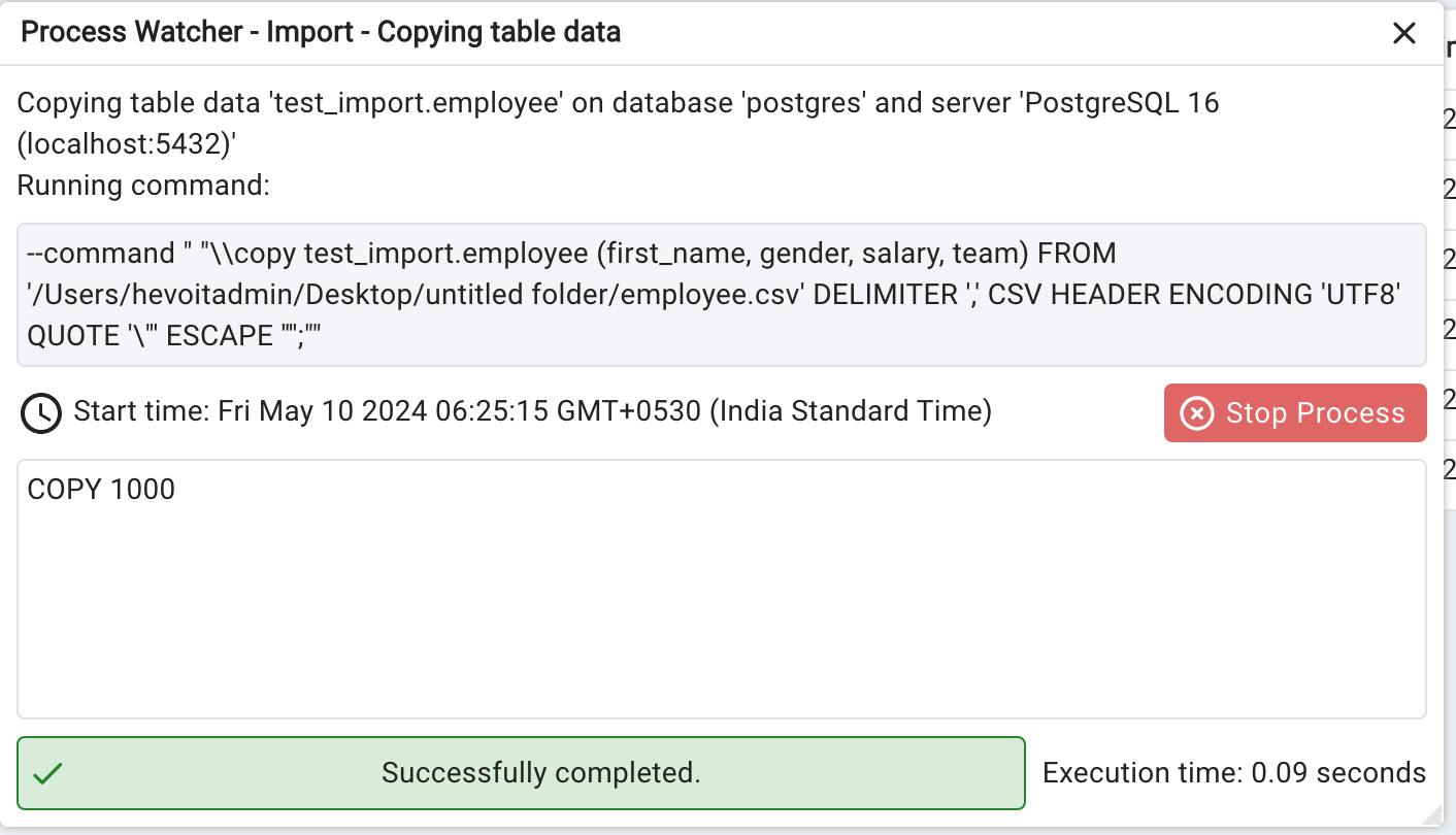 Excel to PostgreSQL: Process to import the data from CSV file