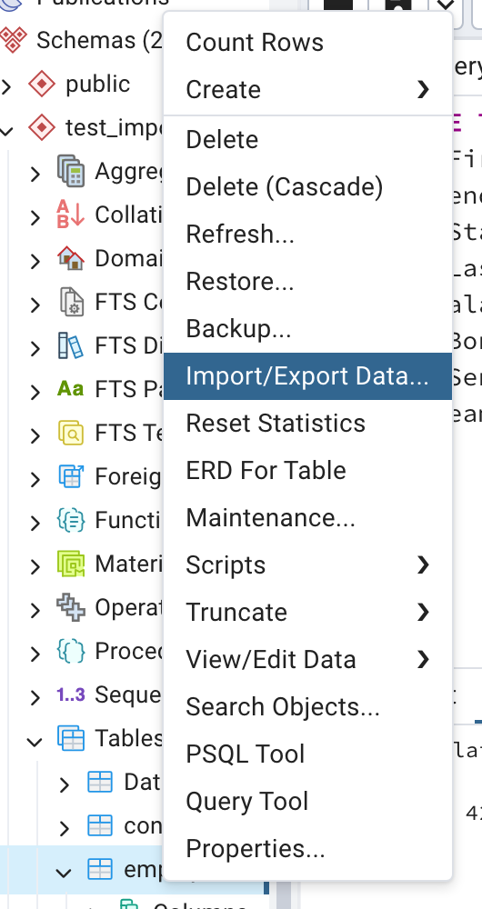 Excel to PostgreSQL: Select import/export option 