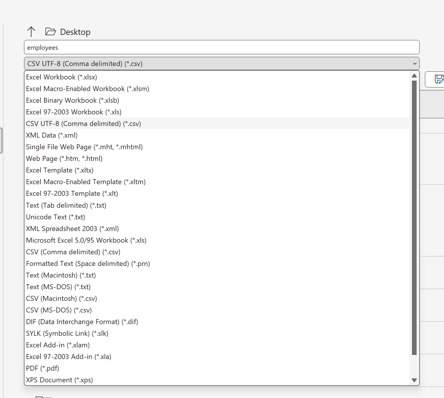 Excel to PostgreSQL: Select the CSV file format after clicking on Save As