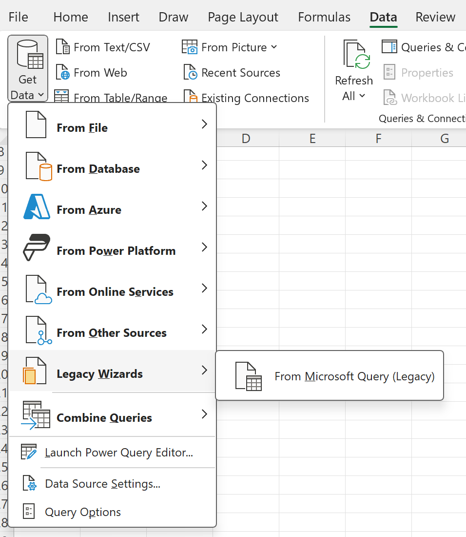 Excel to PostgreSQL: Select the From Microsoft Query option