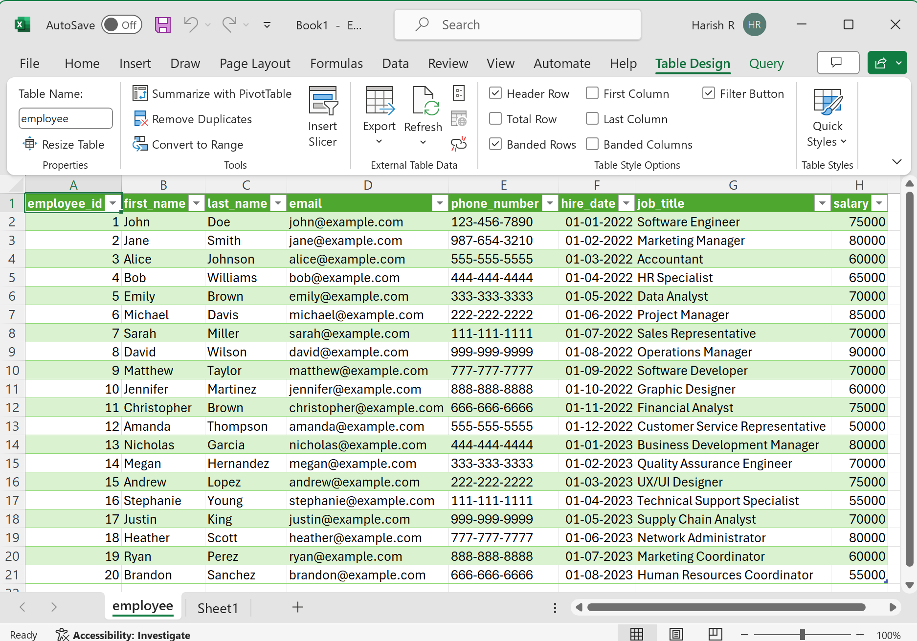 Excel to PostgreSQL: Table Data Loaded in Excel sheet