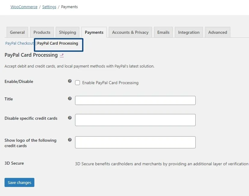 PayPal Card Processing Settings: WooCommerce PayPal 