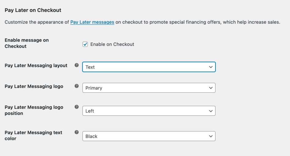 PayPal Pay Later Settings: WooCommerce PayPal 