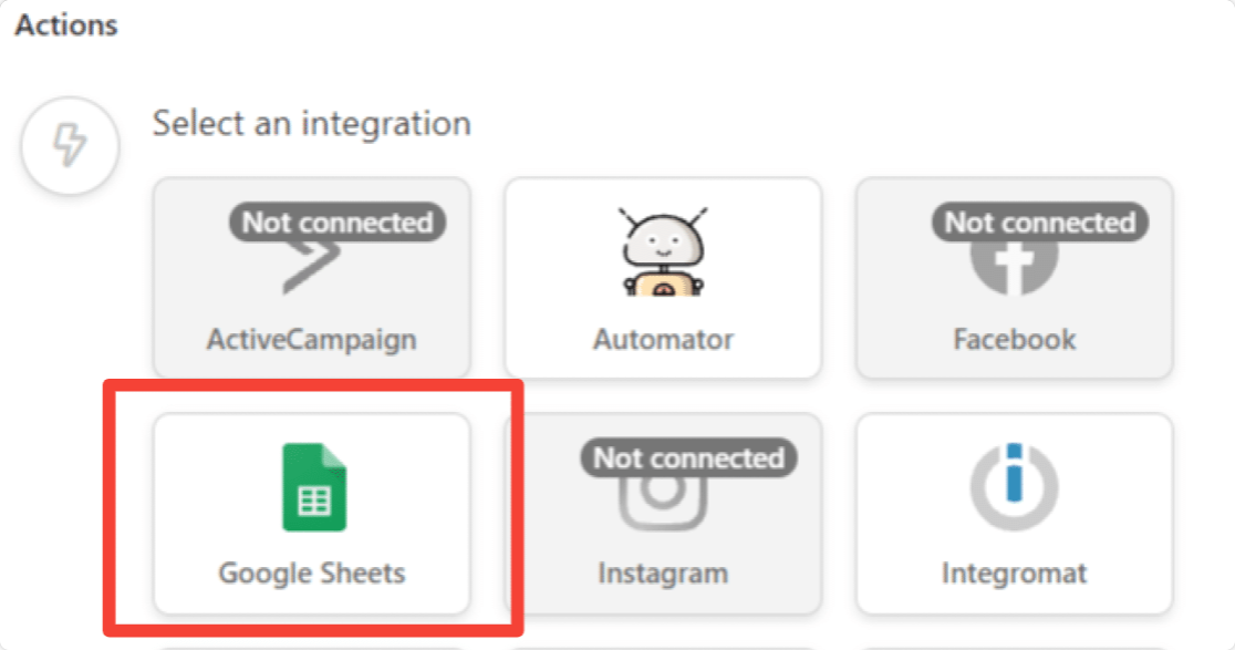 WPForms to Google Sheets - Selecting Google Sheets