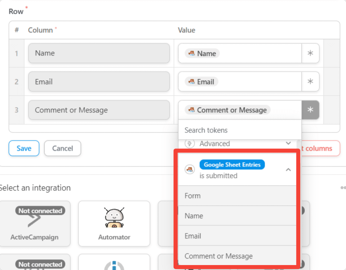 WPForms to Google Sheets - Google Sheet entries