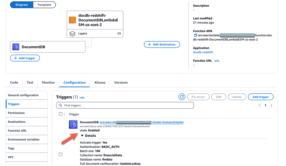 AWS DocumentDB to Redshift: Configuration of Trigger for Lambda Function